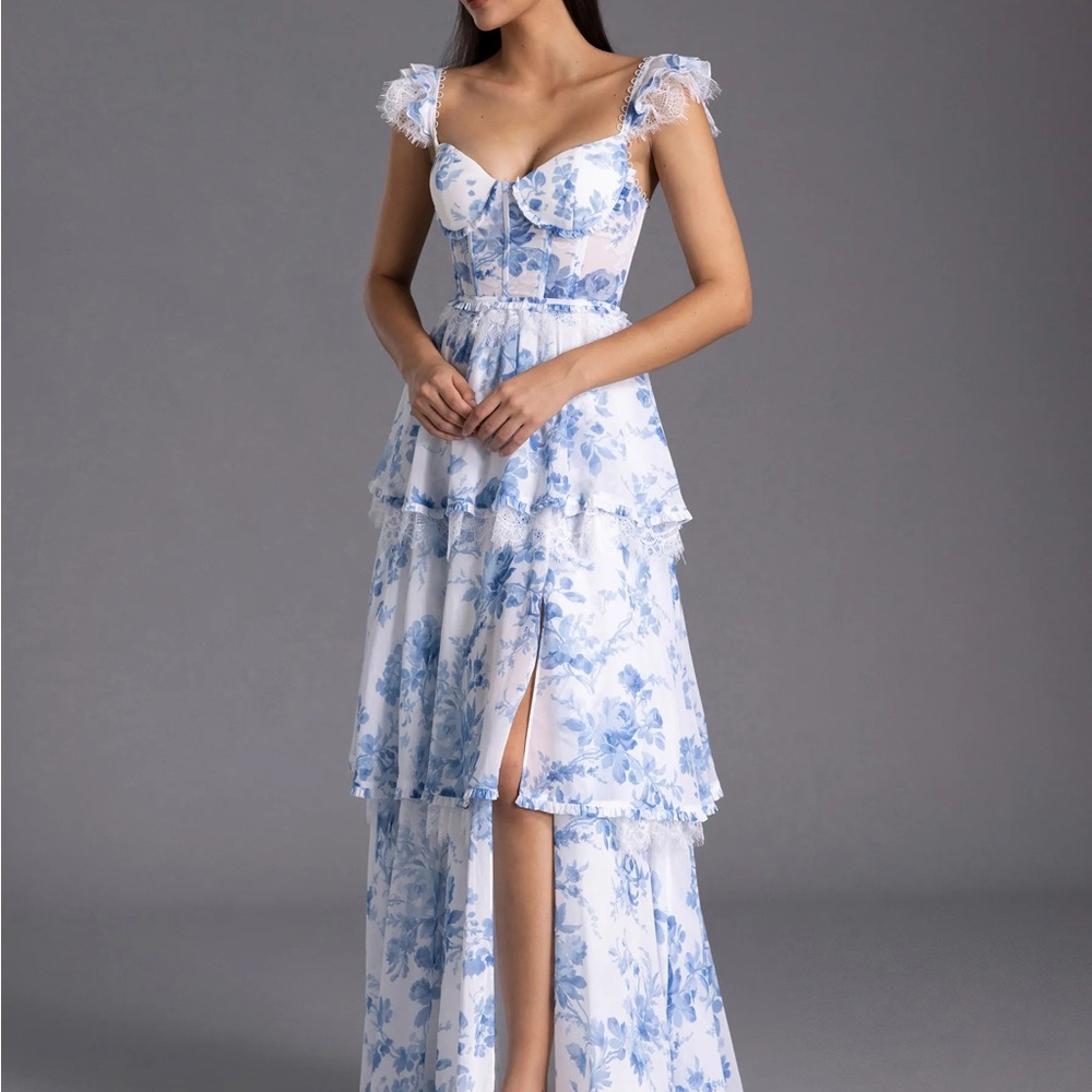 Blue Floral Maxi Dress with Tiered Skirt and Cap Sleeves